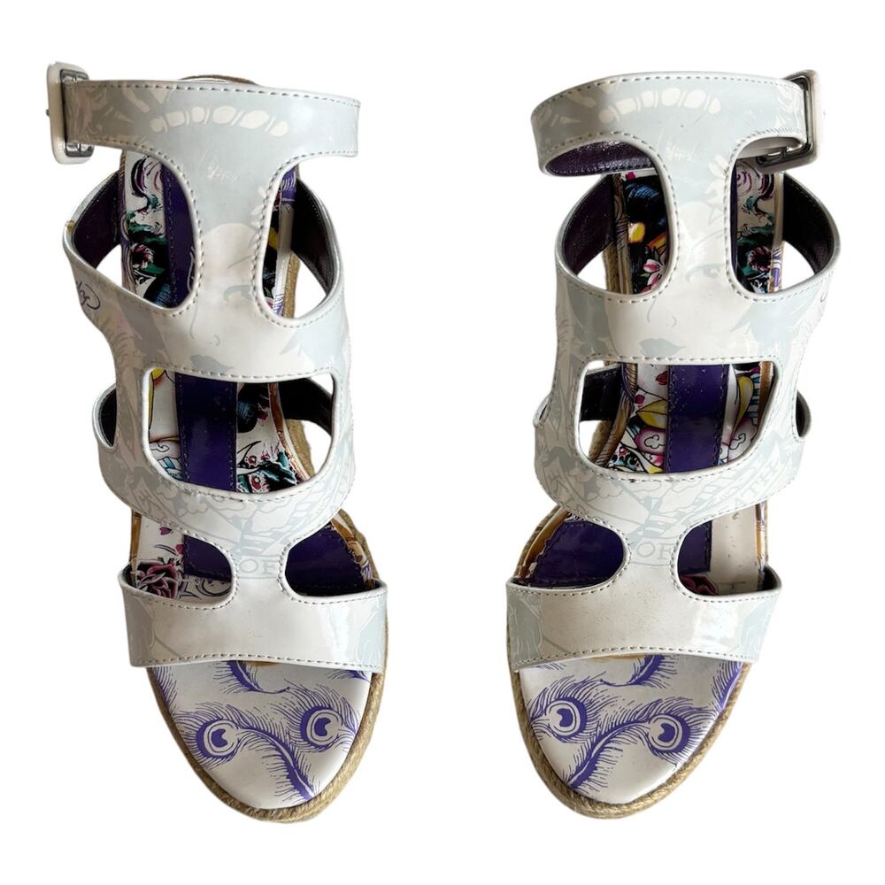 Ed Hardy Y2K La Jolla White Tattoo Print Wedge Cage Sandals Women’s Size 6 - Picture 2 of 9